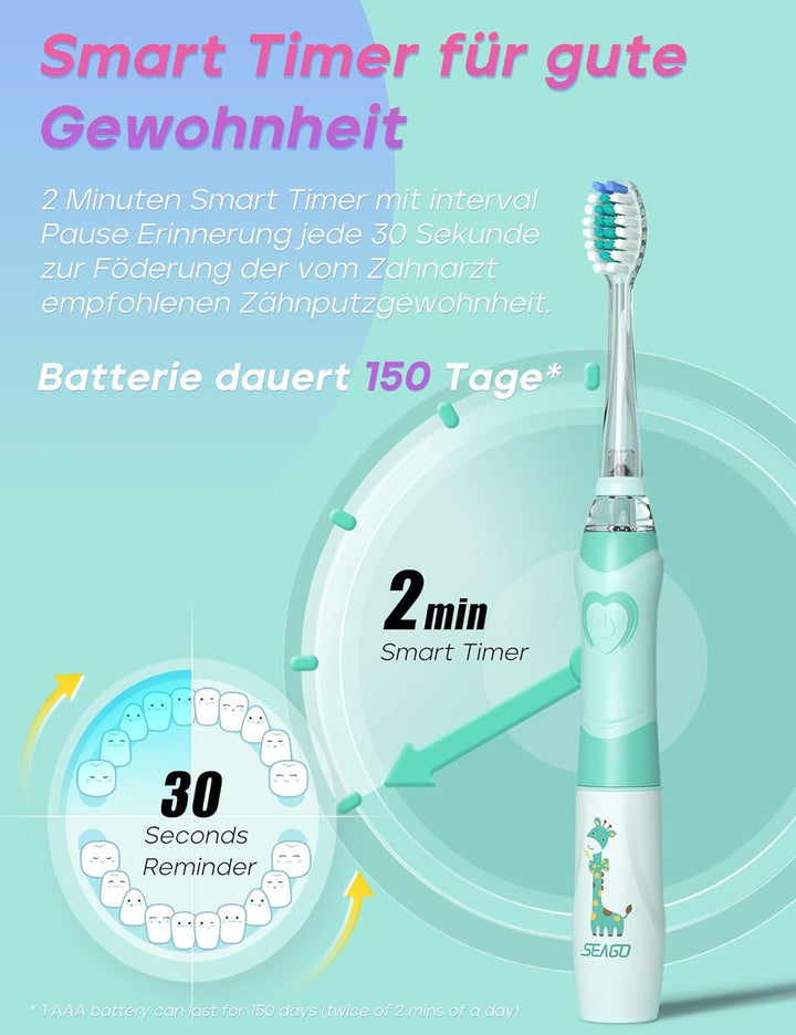 Seago Elektrische Zahnbürste Kinder mit 8 Extra Weiche Aufsteckbürste und 4 Persönliche Modi, LED Li