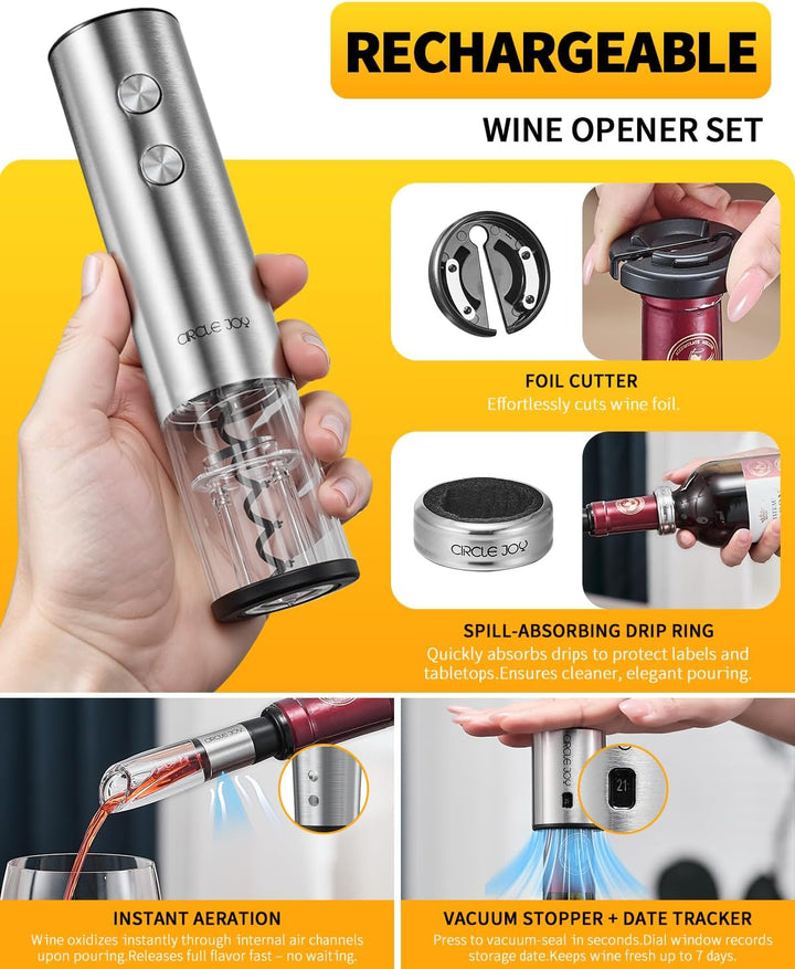 CIRCLE JOY Elektrischer Weinflaschenöffner, wiederaufladbar, 5-in-1-Wein-Geschenkset mit Folienschne