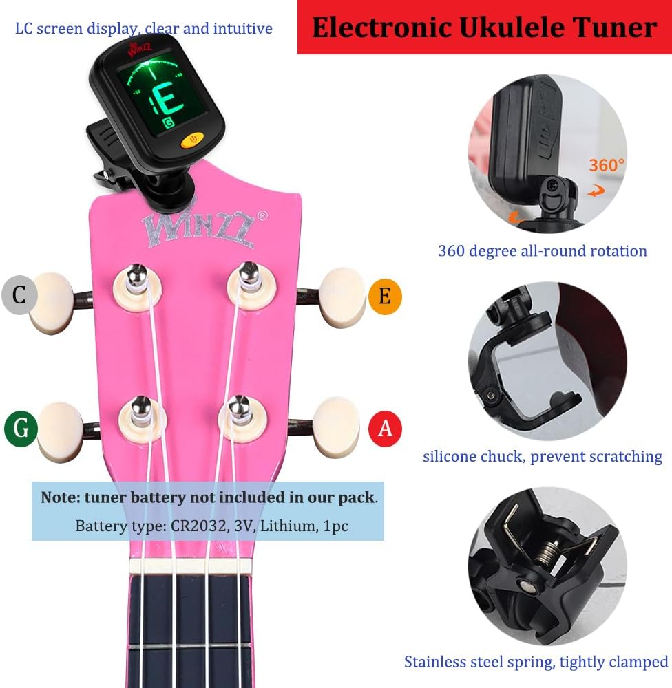 Winzz Sopran Ukulele Starter Kit für Anfänger mit Tasche, Clip-On Tuner, Zusätzlichen Saiten, Gurt,