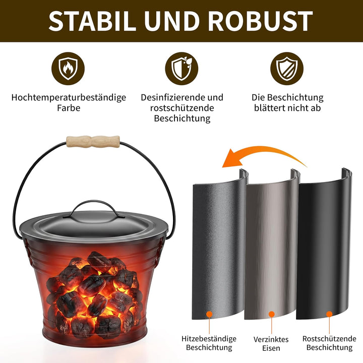 Stahlascheimer mit Deckel für Kamine, 5L Metall-Ascheeimer inklusive Handschuhe, Schaufel und Handfe