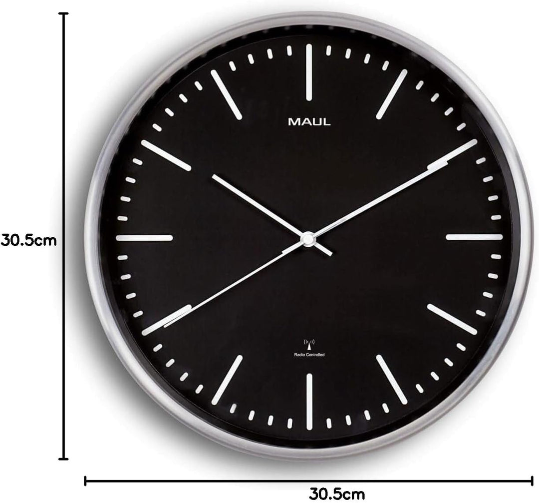 Maul Funkwanduhr MAULfly Ø 30cm | Wanduhr aus Mineralglas | automatische Zeiteinstellung | schmaler