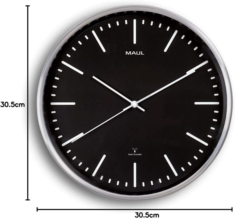 Maul Funkwanduhr MAULfly Ø 30cm | Wanduhr aus Mineralglas | automatische Zeiteinstellung | schmaler