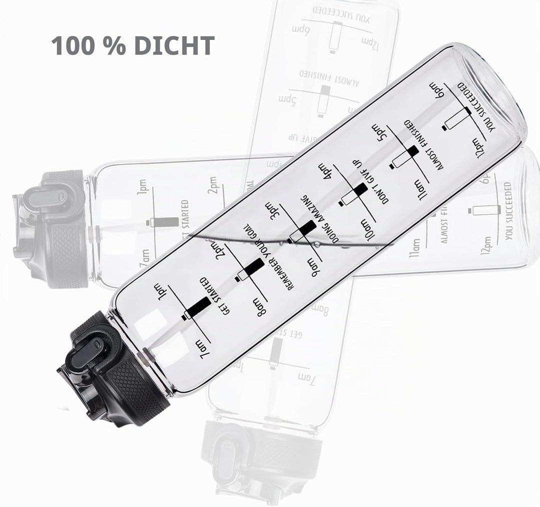Reeho 1 Liter Borosilikat Glasflasche mit Strohhalm, 1000ml Trinkflasche Glas Wasserflasche mit Zeit