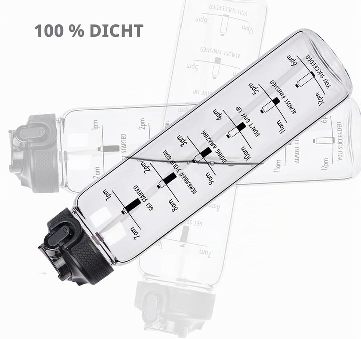 Reeho 1 Liter Borosilikat Glasflasche mit Strohhalm, 1000ml Trinkflasche Glas Wasserflasche mit Zeit
