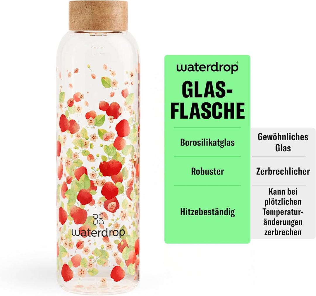 waterdrop® Flasche aus Glas 600ml - Trinkflasche Kohlensäure geeignet, BPA fei & spülmaschinenfest -