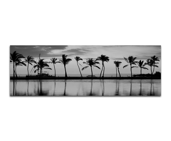 Leinwandfoto als Panorama SCHWARZ/Weiss 150x50cm Hawaii Strand Meer Palmen Sonnenuntergang
