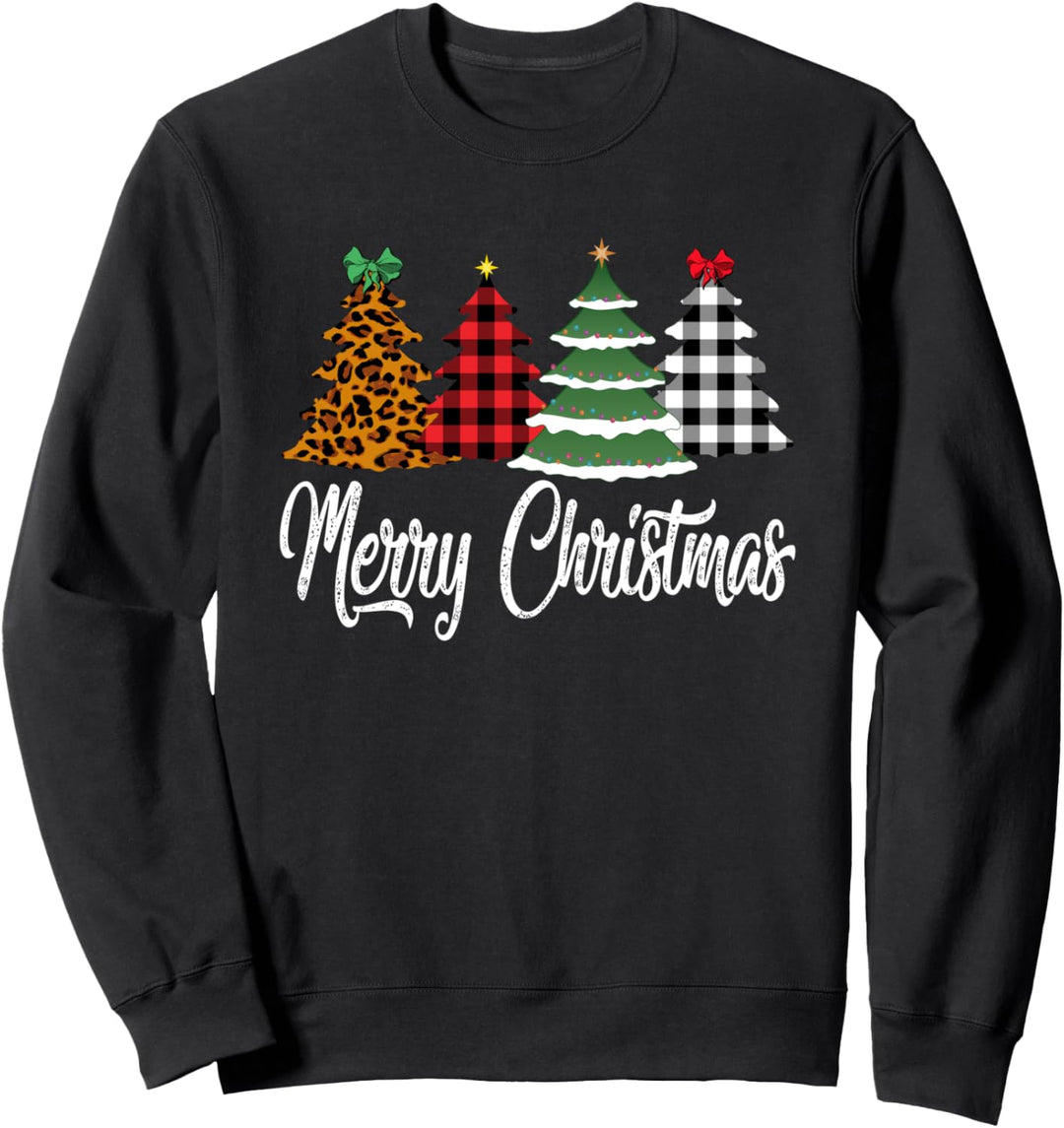 Merry Christmas Trees Buffalo Plaid Leopard Cheetah Print Sweatshirt