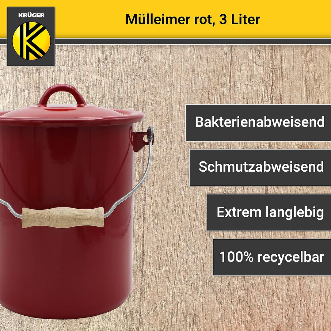 KRÜGER Mülleimer mit Deckel - Stahl Abfalleimer mit Emaille-Beschichtung und Holzgriff - schnitt- un