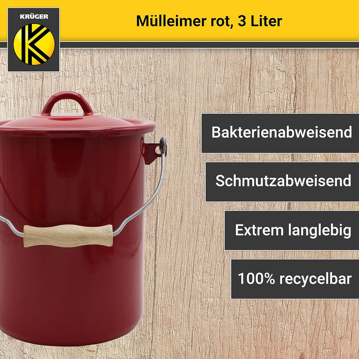 KRÜGER Mülleimer mit Deckel - Stahl Abfalleimer mit Emaille-Beschichtung und Holzgriff - schnitt- un