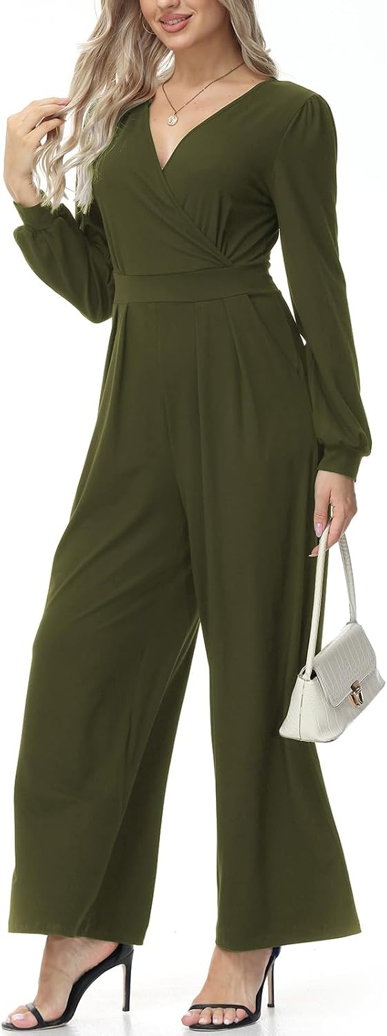 Tanmolo Damen Jumpsuit Langarm Overall Elegant Hosenanzug | V-Ausschnitt, Weites Bein, Praktische Ta