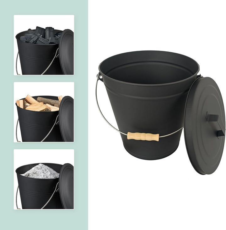 Relaxdays Ascheeimer mit Deckel, 20 Liter, inkl. Aschebesen & Kaminschaufel, Aschebehälter mit Henke