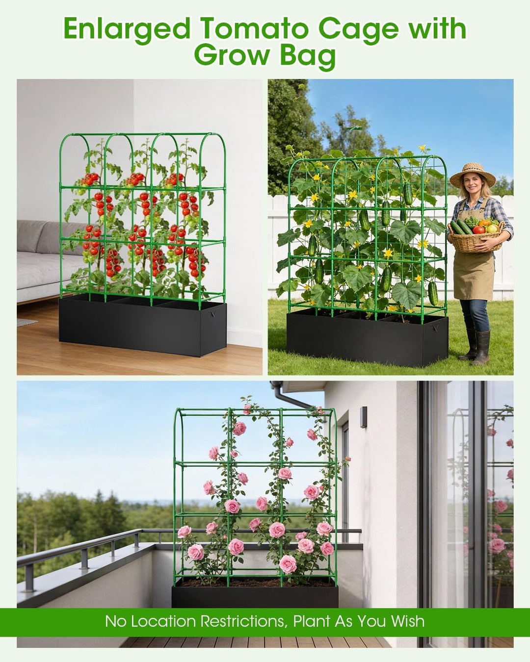 Gurken Rankhilfe 127 x 162cm mit Pflanztasche, 2-in-1 Rankhilfe für Gurken & Tomaten, Höhenverstellb