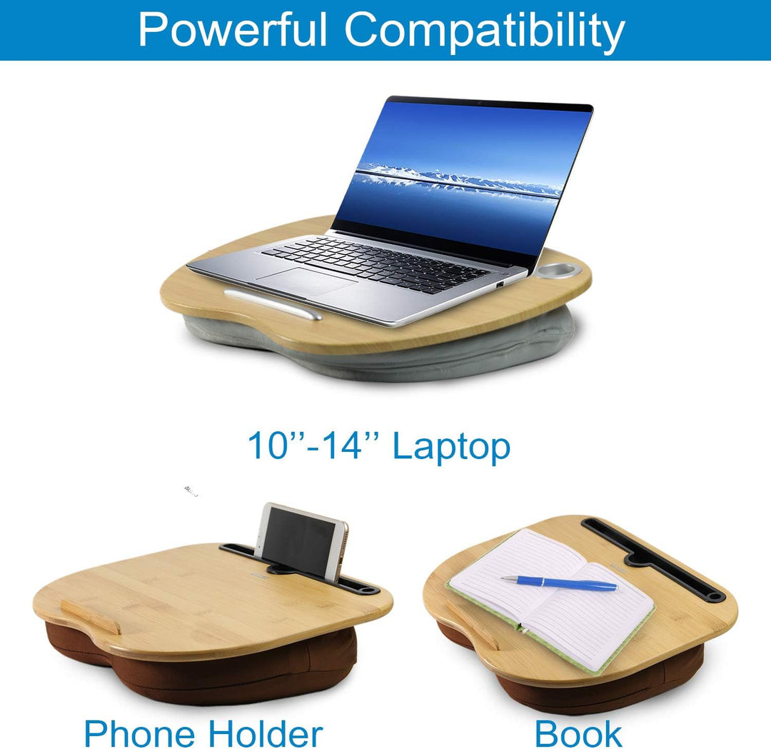 VLOXO Knietablett mit Kissen Anti-Rutsch Laptopkissen Holzoptik &amp; Kabelloch für max. 14 Zoll Noteboo