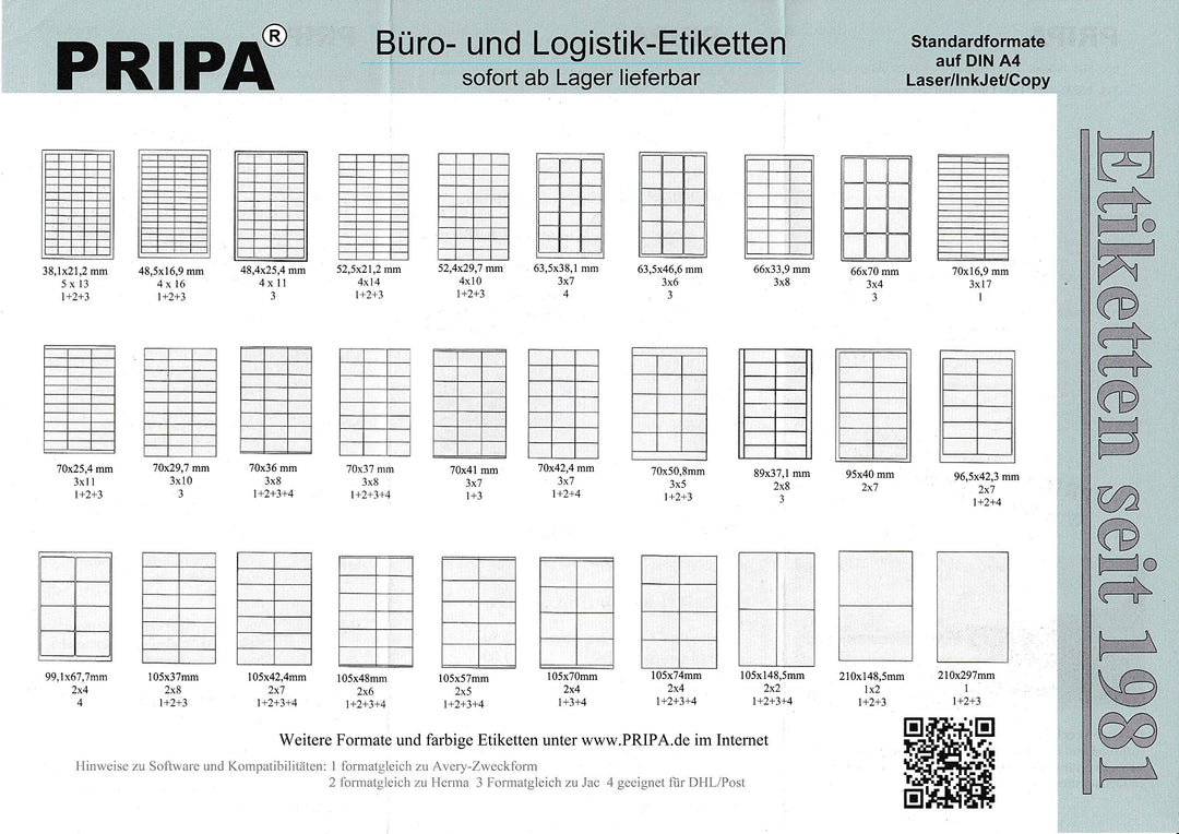 pripa Etikettenformat 70 x 42,4 mm 500 Blatt DIN A4 Selbstklebende Etiketten (500), 500