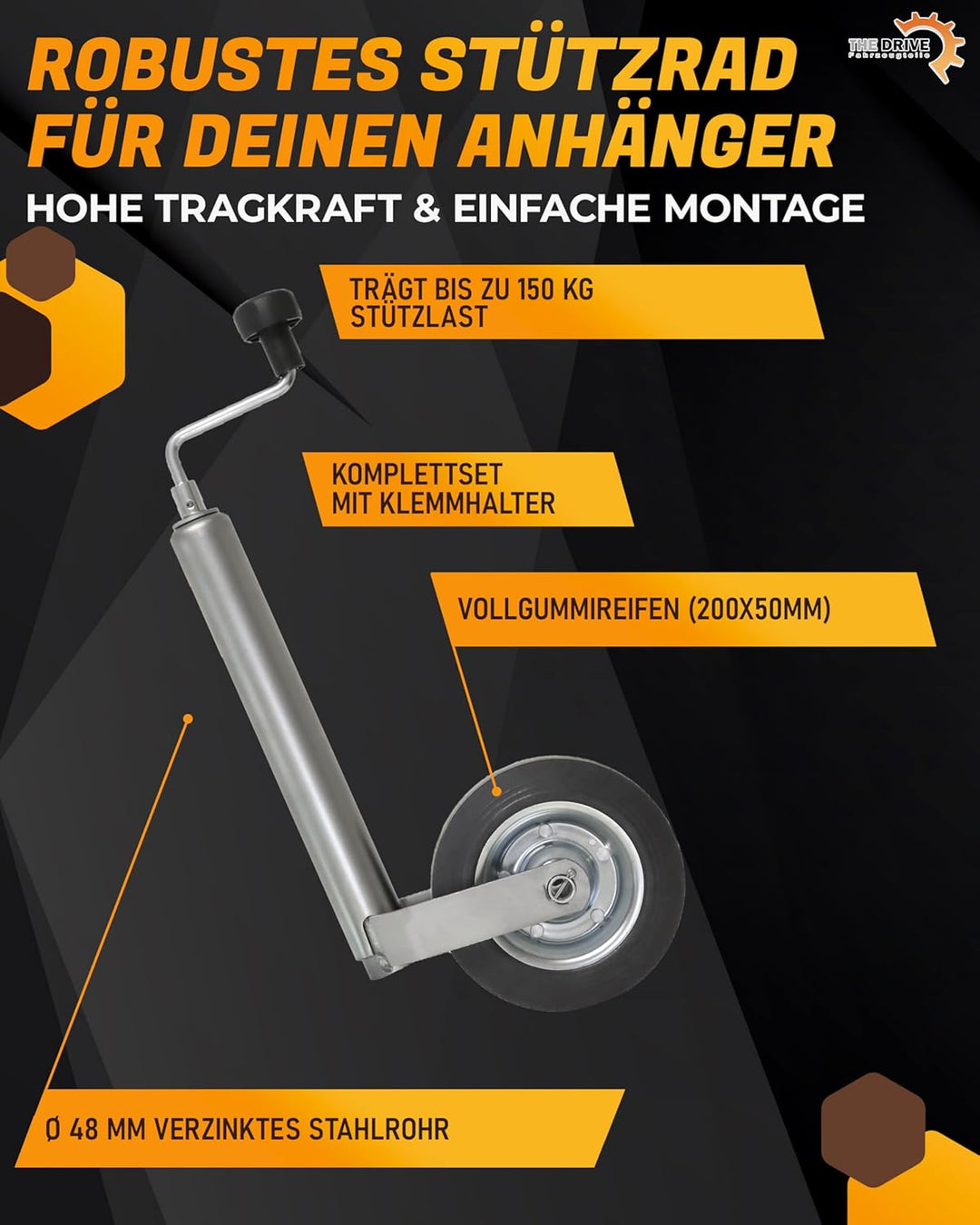 The Drive | Stützrad 150kg | für PKW Anhänger | Rohrdurchmesser Ø 48mm | mit Klemmhalter | Bugrad |