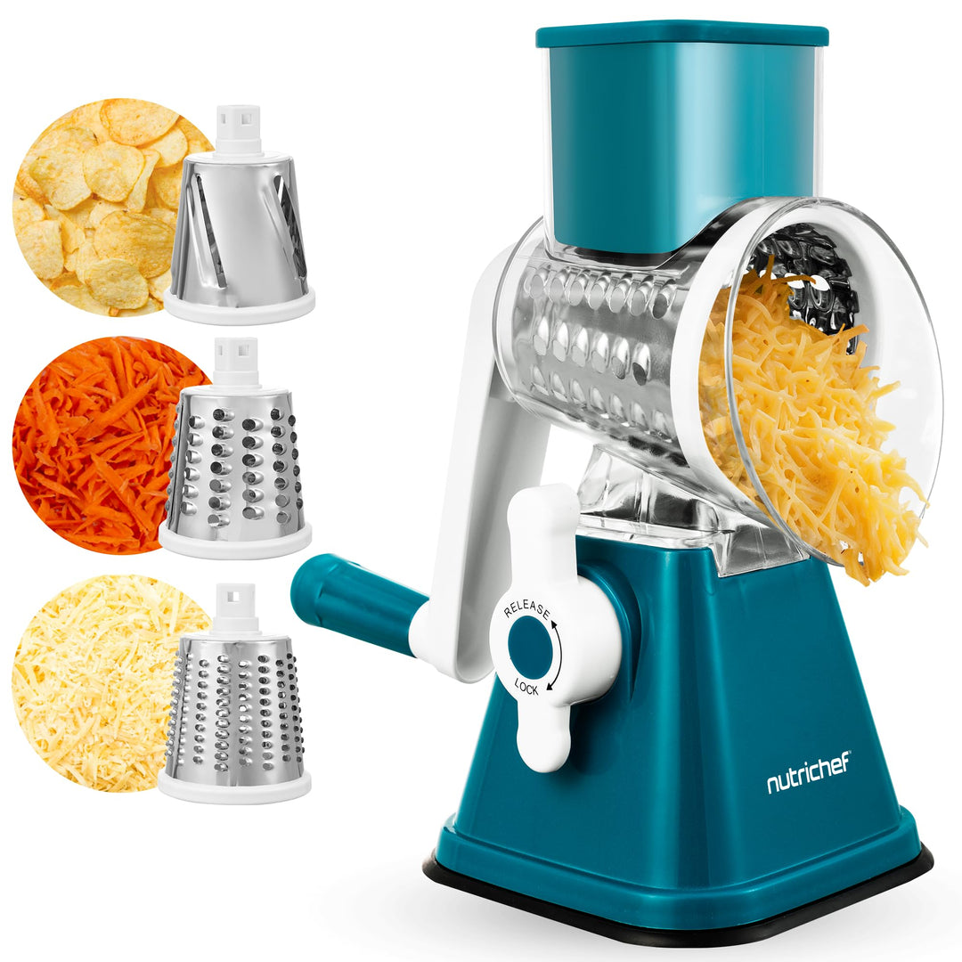 NutriChef 3-in-1 Trommelreibe - mit Handgriff – Rotierende Reibe für Käse und Gemüse – 3 Einsätze fü