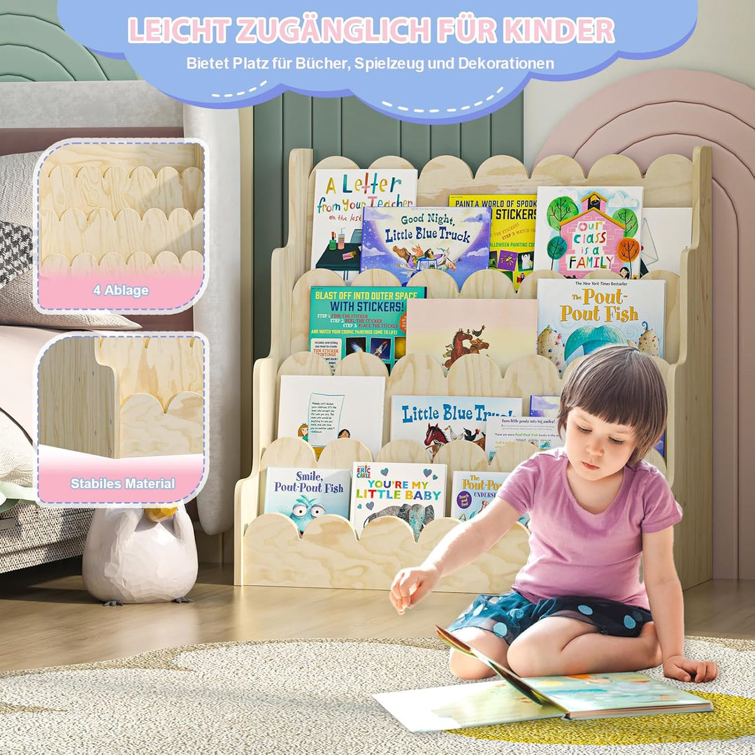 Bücherregal Kinder aus Kieferholz, Kinderregal mit 4 Ablage montessori Regal stehend für Kinderzimme