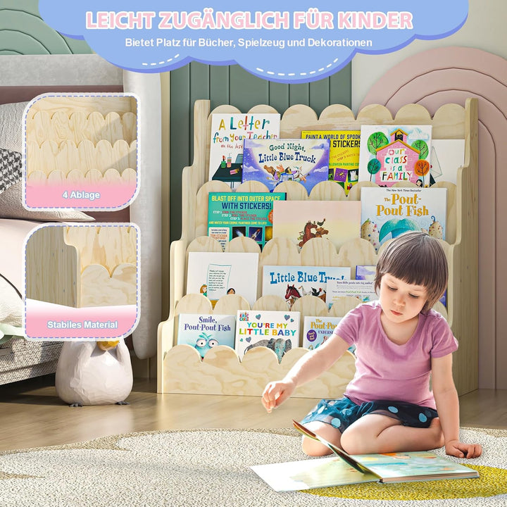 Bücherregal Kinder aus Kieferholz, Kinderregal mit 4 Ablage montessori Regal stehend für Kinderzimme