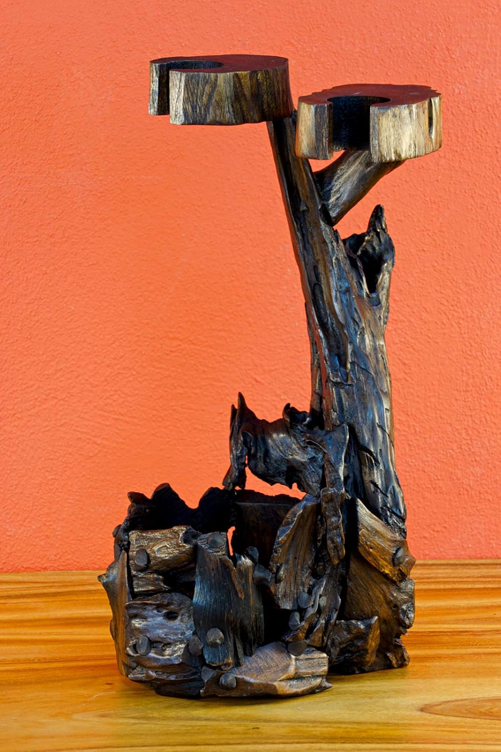 Teak Wurzelholz Flaschenständer - 45cm Teak Flaschenhalter - Edel und dekorativ für 1 Flasche und 2