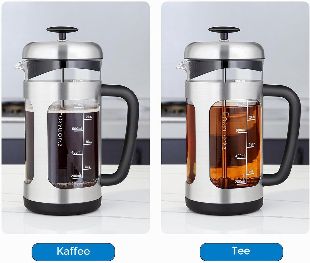 Easyworkz French Press Kaffeebereiter Kaffeepresse aus Edelstahl mit Borosilikatglas,rutschfester we