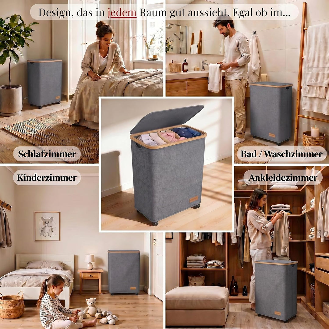 HomyFeel - Wäschekorb 3 Fächer rollbar, 160L Wäschesammler mit Deckel, Wäschesortierer gross, Oxford
