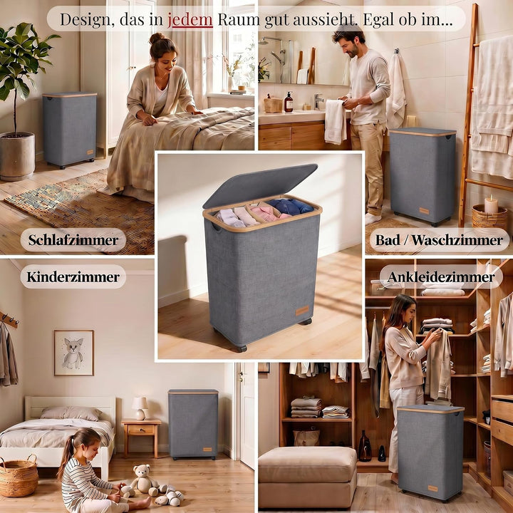 HomyFeel - Wäschekorb 3 Fächer rollbar, 160L Wäschesammler mit Deckel, Wäschesortierer gross, Oxford