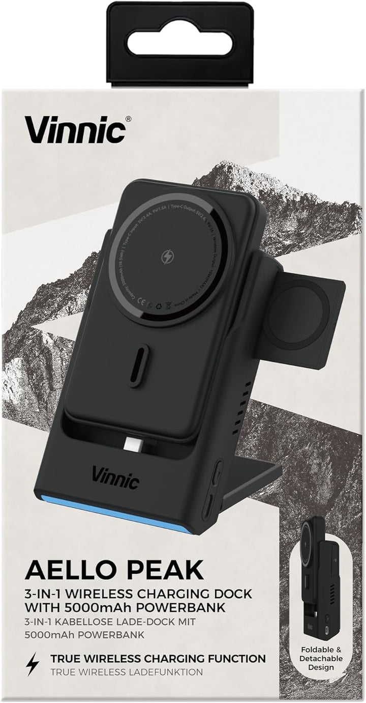 Vinnic AELLO Peak 3-in-1 Kabelloses Ladedock mit MagSafe kompatibler Powerbank, 5000mAh, für iPhone,