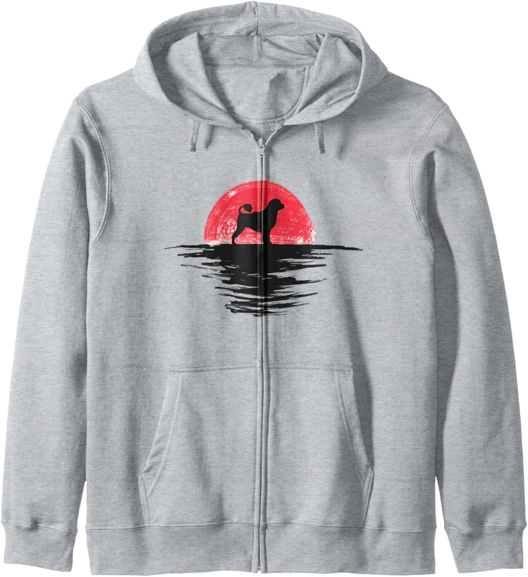 Portugiesischer Wasserhund, japanischer Sonnenuntergang, Retro-Hund, Rot Kapuzenjacke