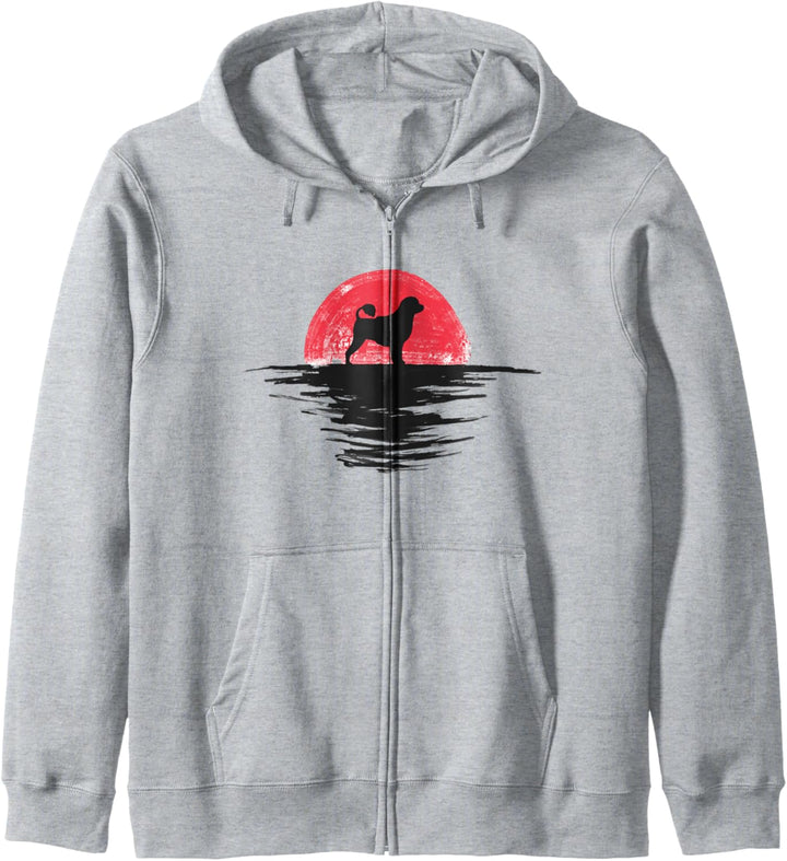 Portugiesischer Wasserhund, japanischer Sonnenuntergang, Retro-Hund, Rot Kapuzenjacke