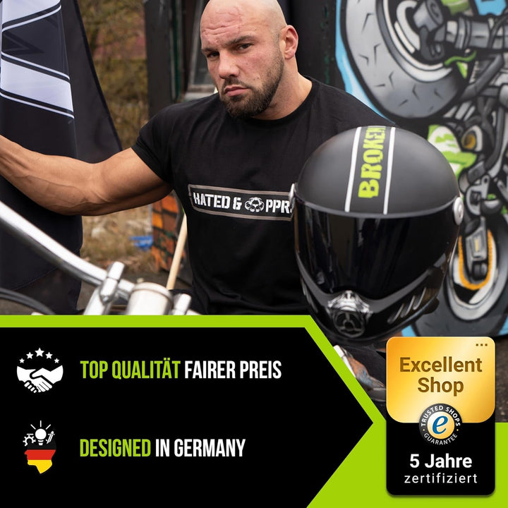 Broken Head Fighter Motorrad-Helm, Gas Man &amp; Hated and Proud | Zwei Designs (Gas Man und Hated &amp; Pro