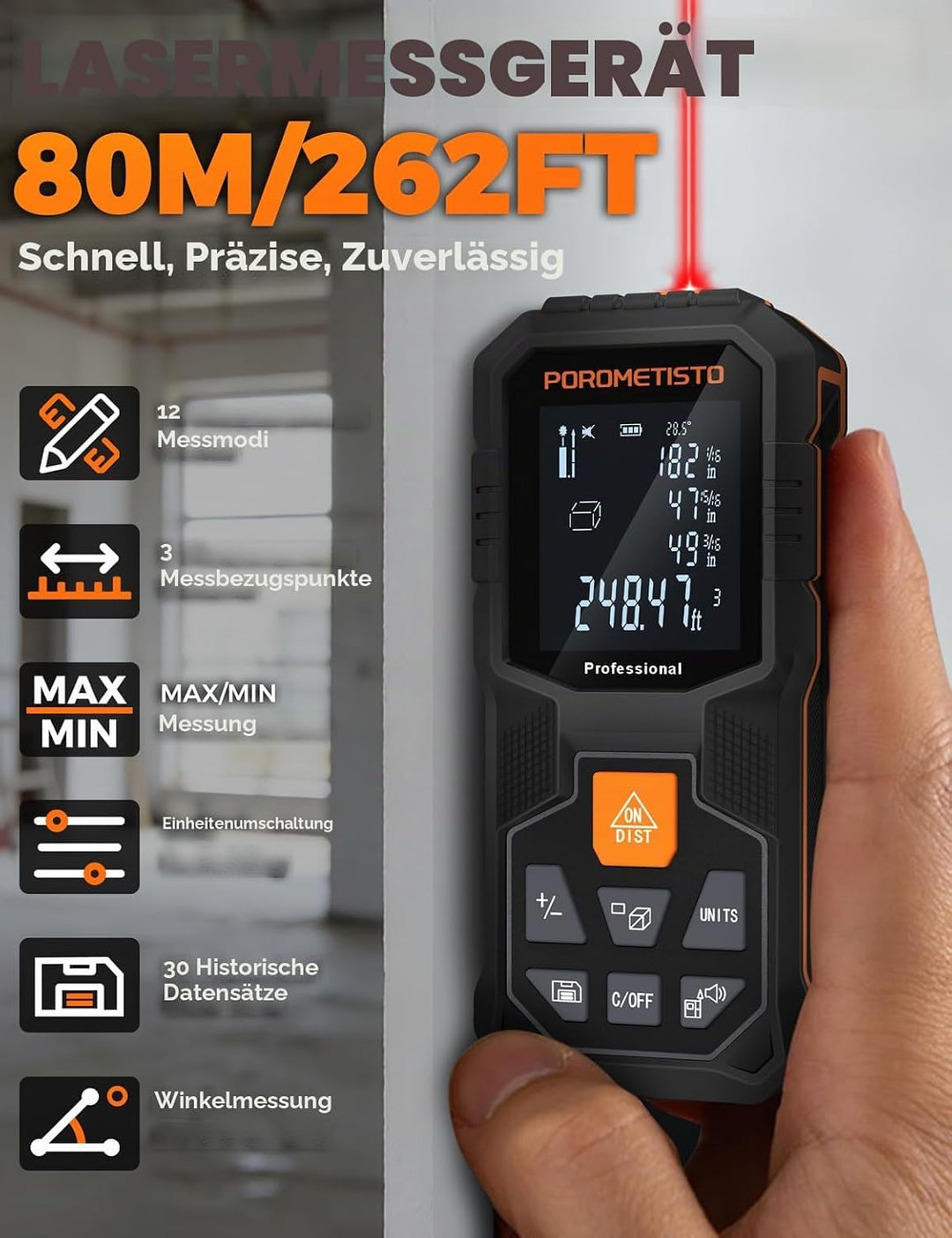 LM01-50 Laser Entfernungsmesser – 50 m Messbereich, 12 Modi: Fläche/Volumen/Pythagoras, Neigungssens