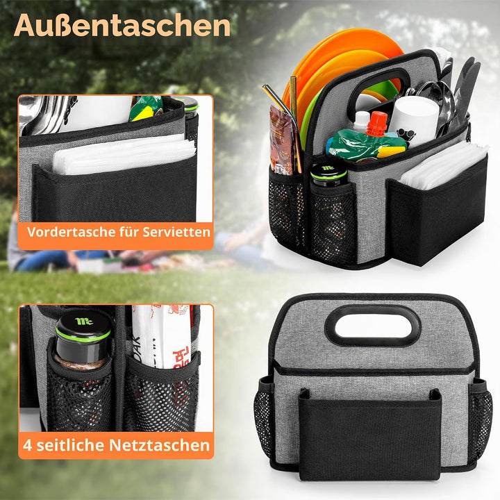 Camping-Utensilientasche, Aufbewahrungstasche für Pappteller mit 4 Fächern für Tassen, Gabeln, Löffe