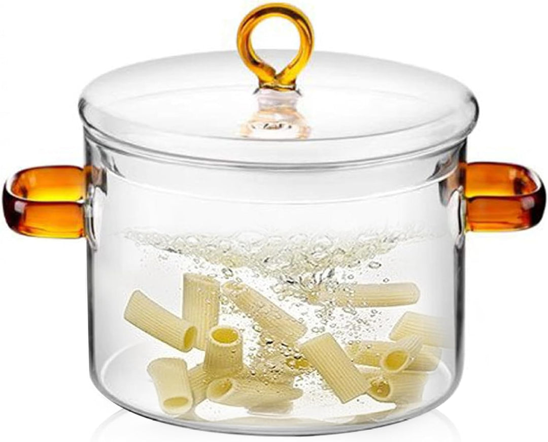 Klarer Topf mit Deckel, 1,5 l, Glastopf mit zwei Griffen, mikrowellengeeignet, klarer Simmertopf, hi