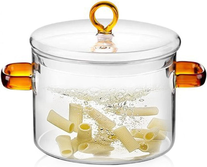 Klarer Topf mit Deckel, 1,5 l, Glastopf mit zwei Griffen, mikrowellengeeignet, klarer Simmertopf, hi