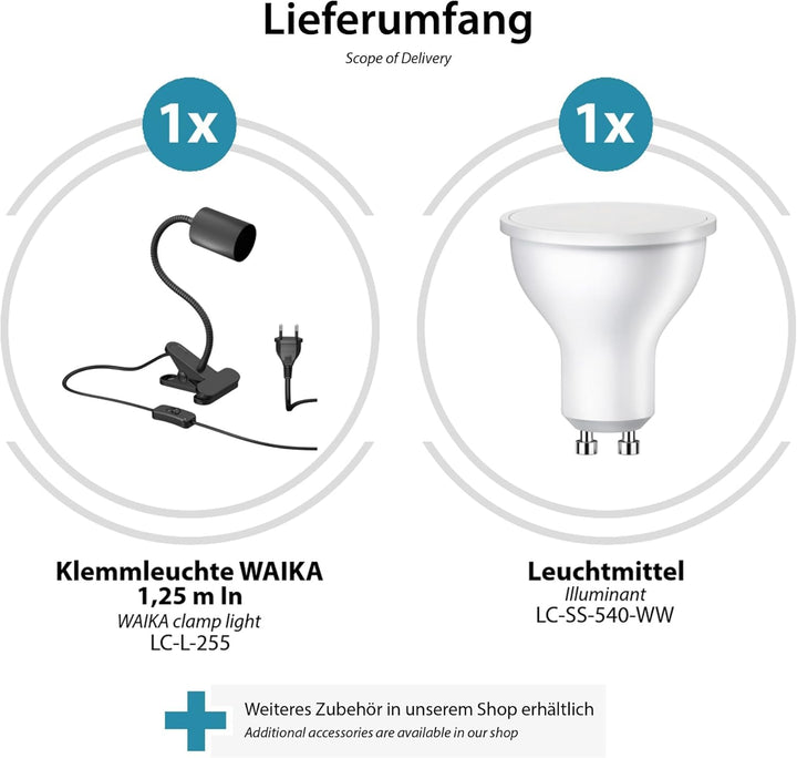 ledscom.de Klemmleuchte WAIKA mit Schwanenhals und Schalter schwarz matt, inkl. GU10 LED Lampe (warm