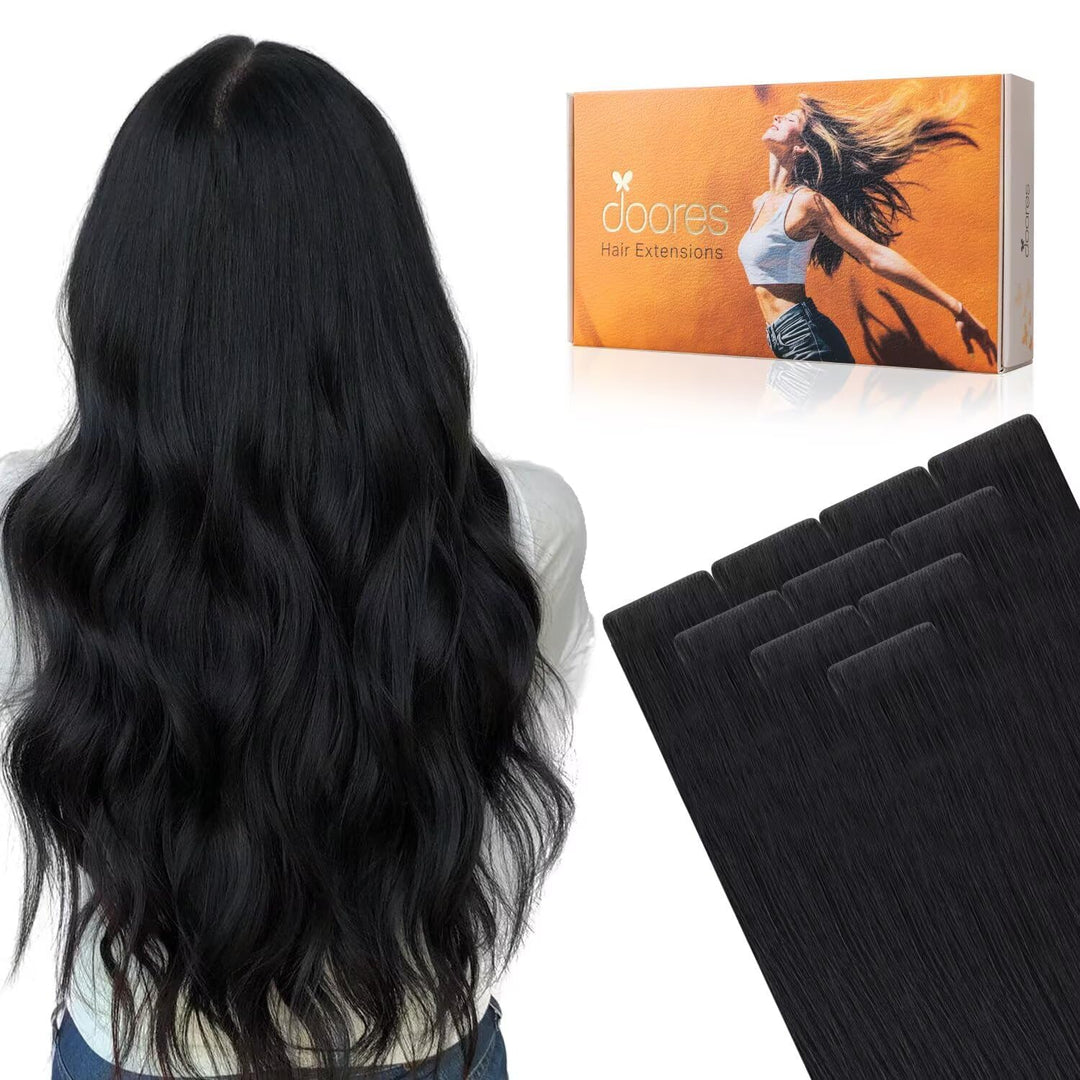 DOORES Injected Tape in Weft Haarverlängerungen, 35 cm 25 g 10 Stück, Tiefschwarz, innovative Injekt