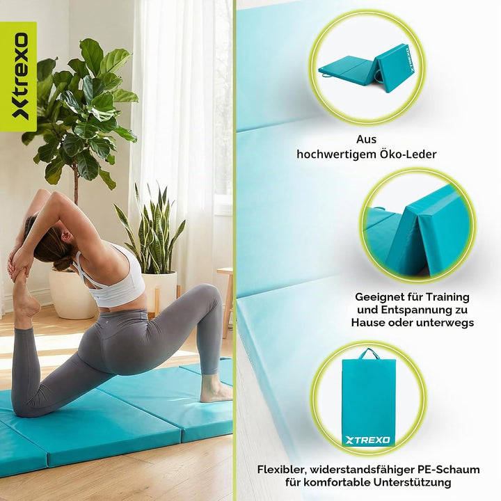 XTREXO Klappbare Gymnastikmatte – Turnmatte 4-teilig – Kunstleder &amp; EPE-Schaumstoff – Faltbar mit Tr