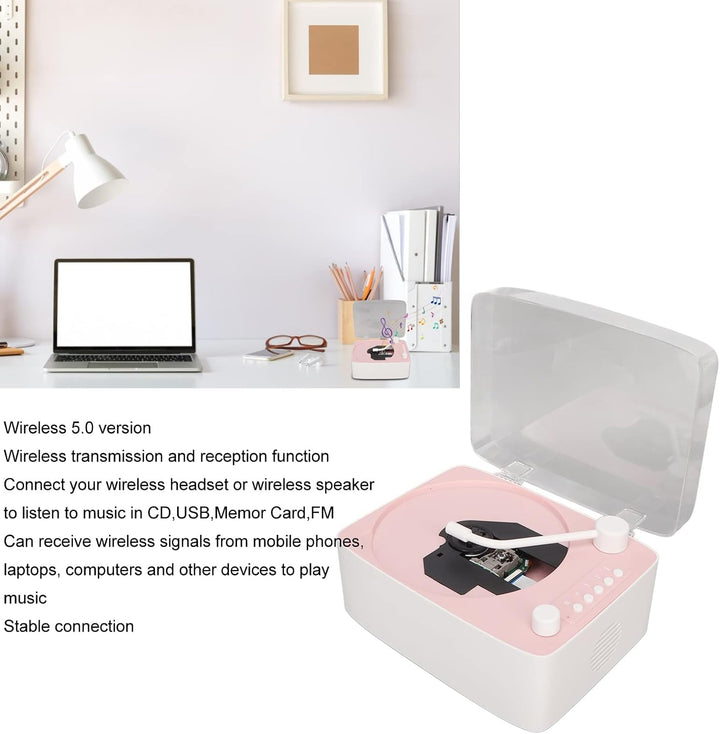 Multifunktions Rosa Retro CD Player, BT5.0 CD Musik Player mit Transparenter Schutzhülle, HiFi Stere