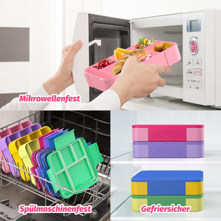 SWVIODMT Brotdose Kinder mit Fächern, 1300ml Lunchbox Kinder, Bento Box mit 5 Fächern Besteckset, Au