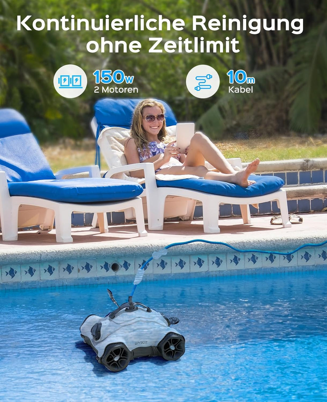 WYBOT Poolroboter mit 150W Leistungsstarke zum Reinigen grosser Blätter und Steine, Poolsauger mit D