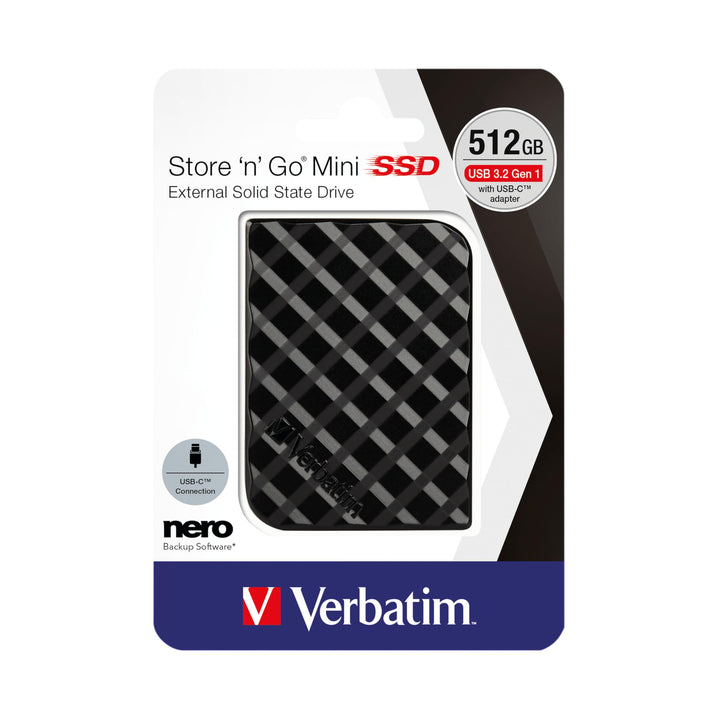 Verbatim Store 'n' Go Mini SSD, 512 GB, Schwarz, 35 g, Externe SSD, USB 3.0 SSD, SSD extern, für Win
