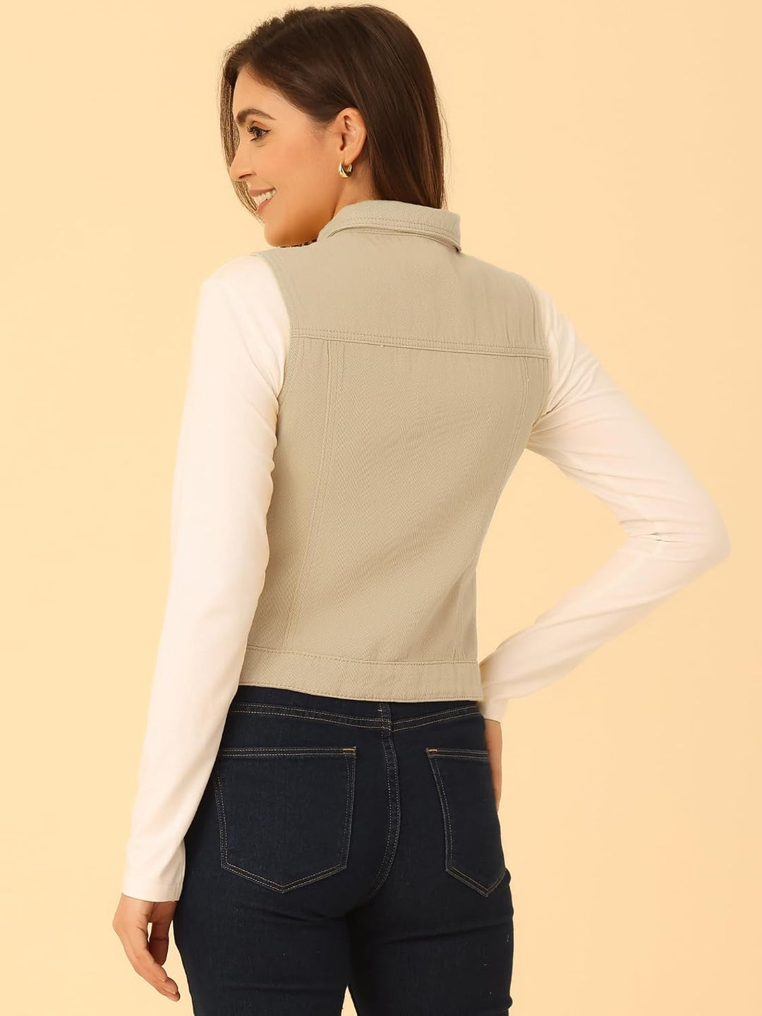 Allegra K Damen Jeansweste Ärmellos Knopfleiste Denim Revere Westen mit Taschen XS Beige