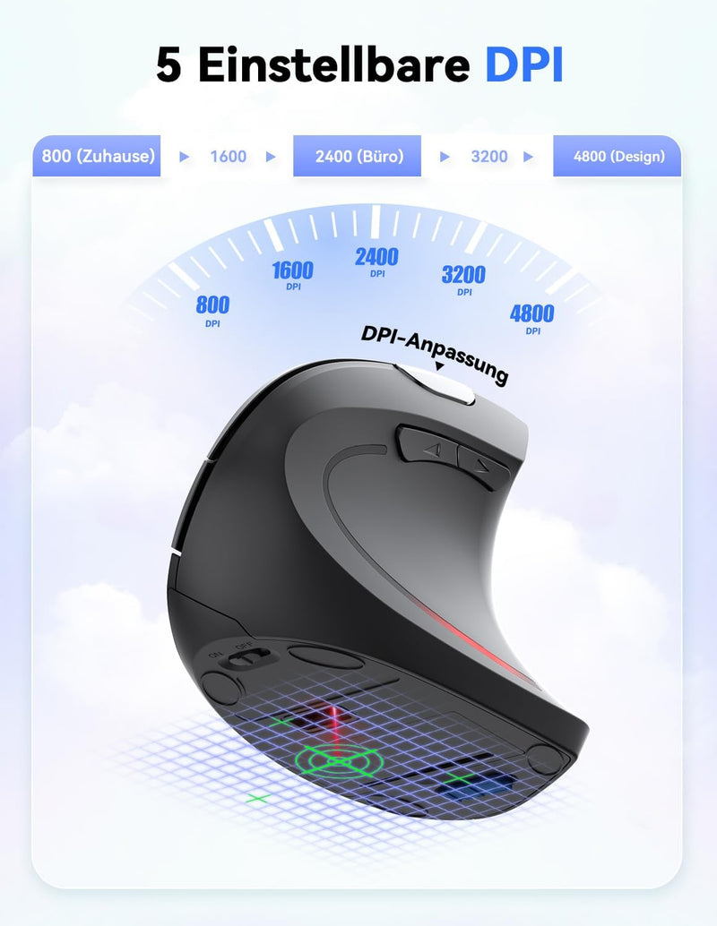 TECKNET Wireless Vertikale Ergonomische Maus, 4800 DPI 5 Tasten Kabellose Optische Maus, 2.4G USB Ve