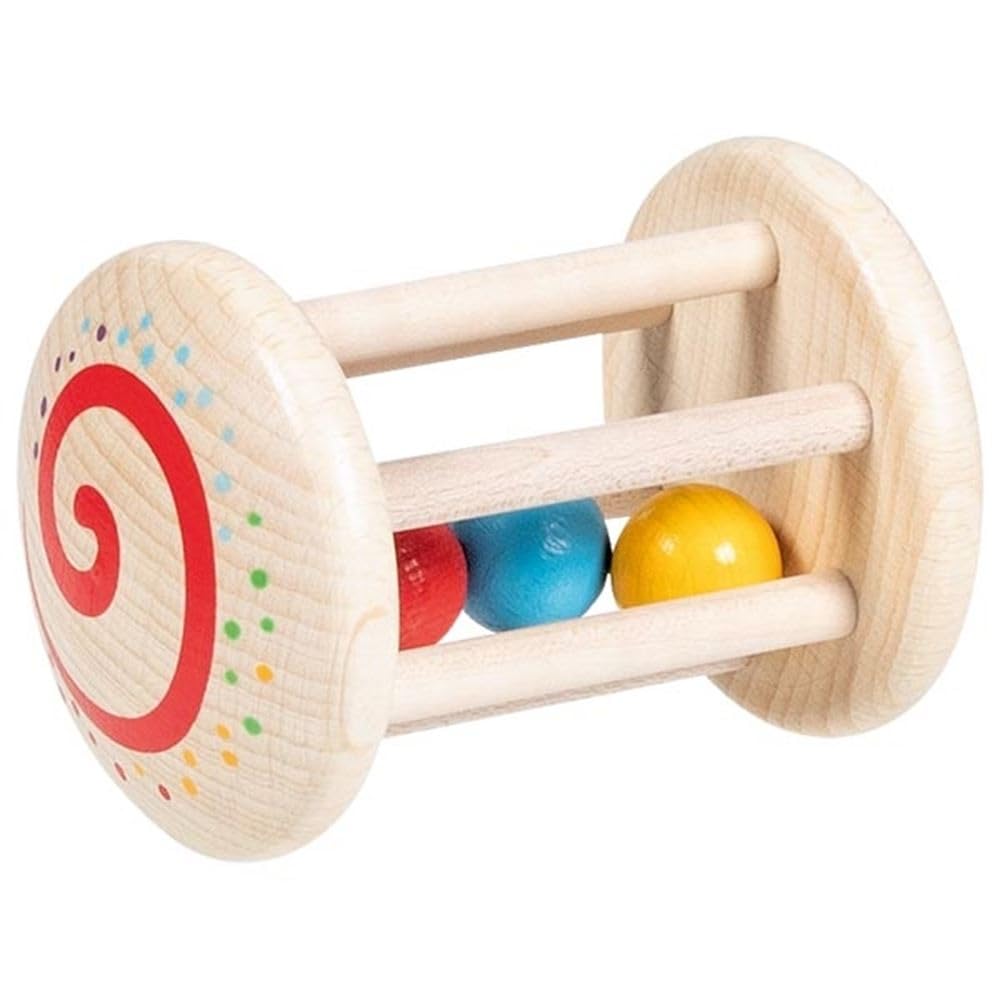 goki 65348 Käfigrassel Regenbogen – Babyrassel aus Holz mit bunten Kugeln – Made in Germany