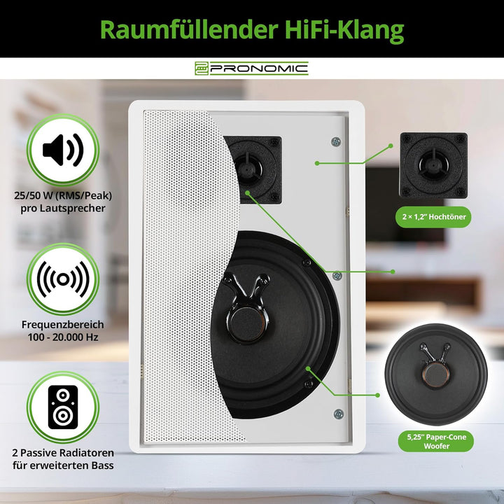 Pronomic FLS-540 WH Flatpanel Wandlautsprecher Boxen Paar (HiFi Flachlautsprecher, 2-Wege Box, 5,25"