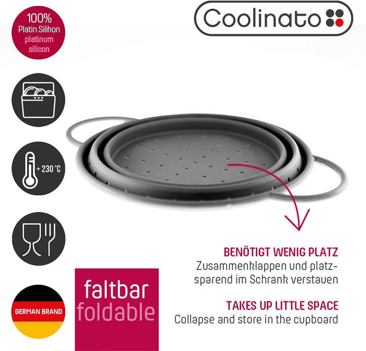 Coolinato – Silikonsieb faltbar 3er Set 16/20/ 24cm Grau – Nudelsieb zum abseihen - Küchensieb spülm