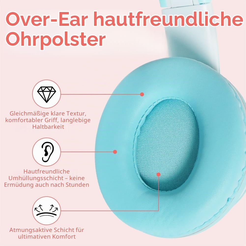 Kinder Bluetooth Kopfhörer, Katzenohr LED Lichter, Bluetooth 5.3 Stereo, Verstellbares Kopfband, 85d