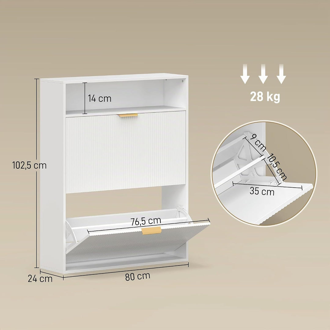HOMCOM Schuhschrank mit 2 Klappen 2 Türen für 12-16 Paar 80x24x102,5cm Weiss | Schmal Schuhkipper, A