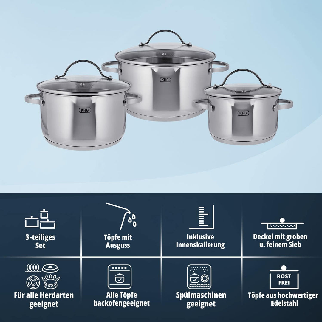 KHG Topfset 3 teilig Induktionstöpfe Edelstahl Rostfrei - 16 cm 20 cm 24 cm mit Ausguss Innenskalier