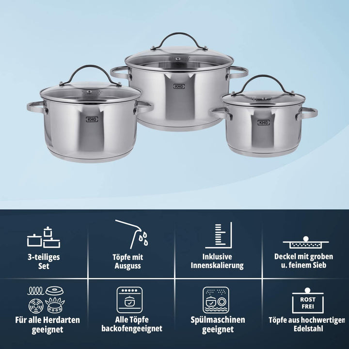 KHG Topfset 3 teilig Induktionstöpfe Edelstahl Rostfrei - 16 cm 20 cm 24 cm mit Ausguss Innenskalier